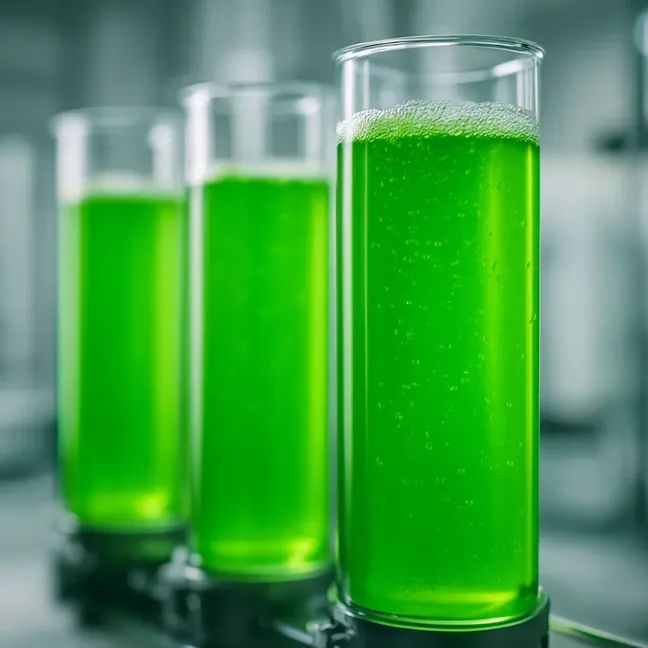 Green algae bioreactor tubes glowing in a modern laboratory