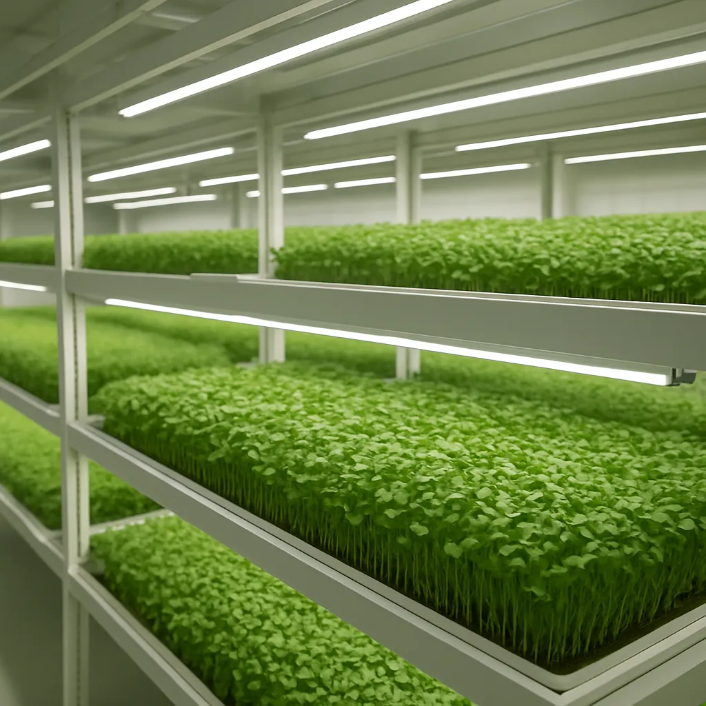 Rows of microgreens growing under LED lights in a vertical farm
