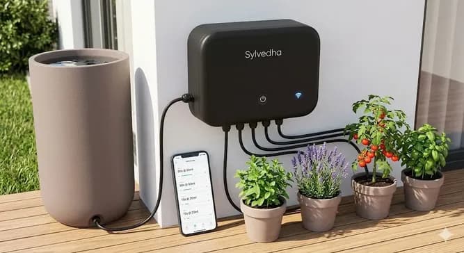 Smart automated irrigation hardware with plants, water tank, and mobile app interface
