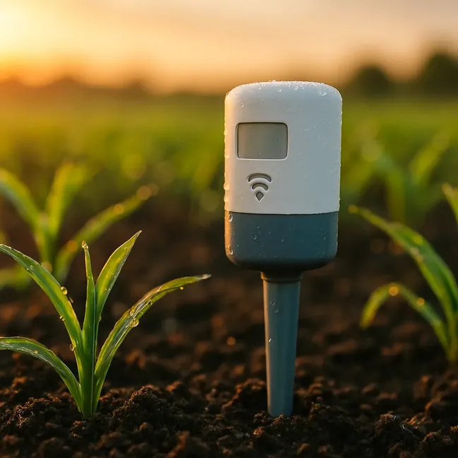 Smart agriculture sensor planted in soil among green crops