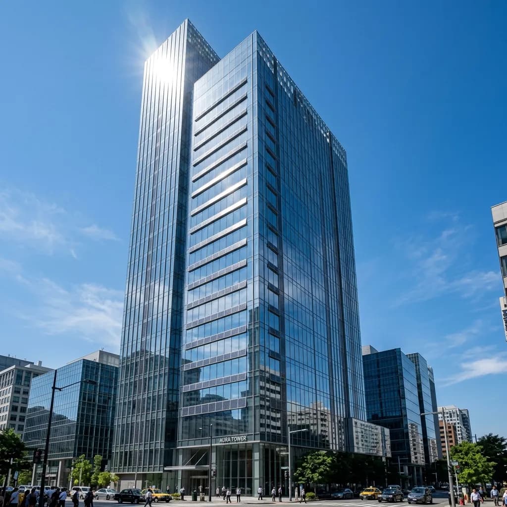 Futuristic skyscraper with building-integrated photovoltaic solar window panels